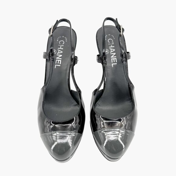 Chanel Cap Toe Slingback Pump Size 38.5 US 7.5-8 Black Patent Platform High Heel - Picture 2 of 14